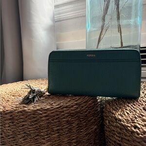 Fossil Deep Teal Zip Around Wallet with Tassel
